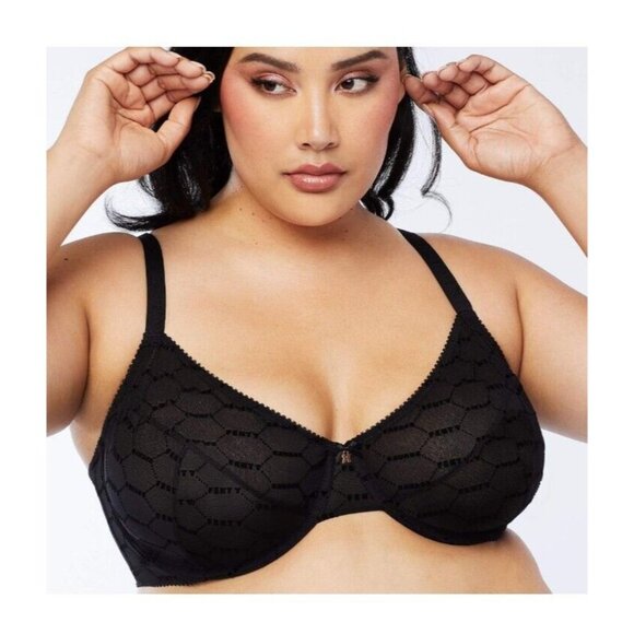Savage X Fenty Other - Savage X Fenty Womens 34B Curvy Flocked Logo Unlined Bra DG4 Black Caviar NWT